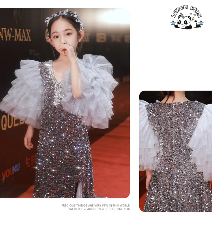 LEZONKIDS - High-end Children's Birthday Evening Dress Mesh Lantern Sleeve Girl Princess Dress Boutique Dresses